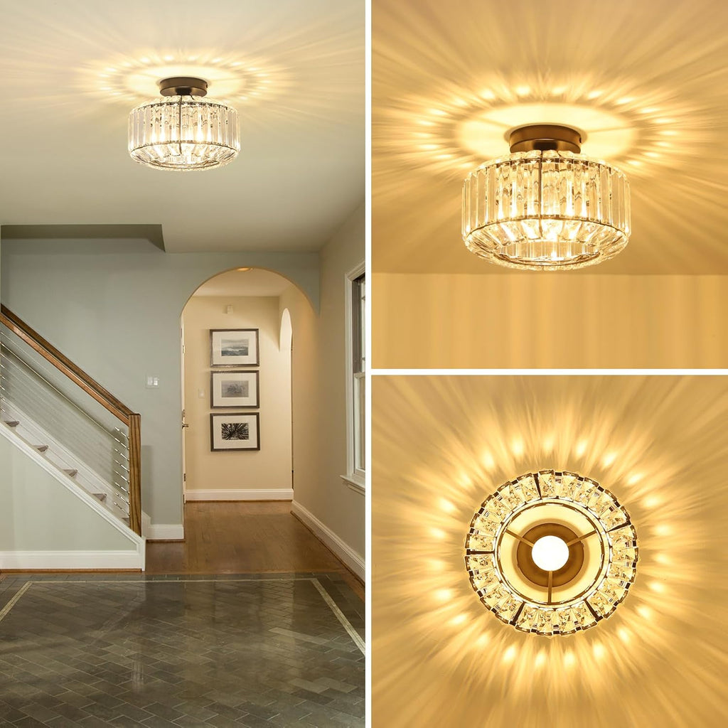 Crystal Semi Flush Mount Ceiling Light, Black Kitchen Lighting Fixtures Ceiling, Modern Bedroom Chandelier Living Room Light Fixtures Ceiling Mount, Bathroom Ceiling Light for Entryway Hallway - Grand Goldman