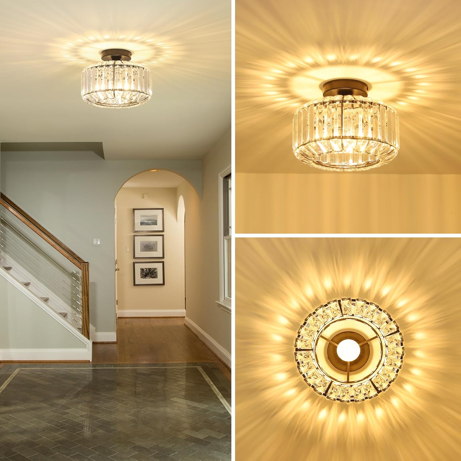 Crystal Semi Flush Mount Ceiling Light, Black Kitchen Lighting Fixtures Ceiling, Modern Bedroom Chandelier Living Room Light Fixtures Ceiling Mount, Bathroom Ceiling Light for Entryway Hallway - Grand Goldman