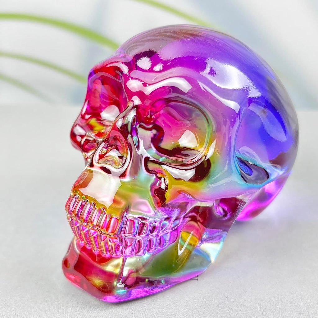 Crystal Skull Head Statues Clear Skull Figurines K9 Glass Skull Gemstone Halloween Decor Gifts for Women Plating Green 2.8" - Grand Goldman