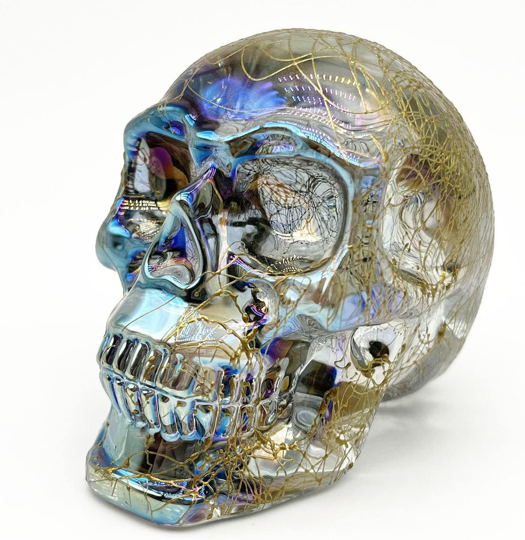 Crystal Skull Head Statues Clear Skull Figurines K9 Glass Skull Gemstone Halloween Decor Gifts for Women Plating Green 2.8" - Grand Goldman