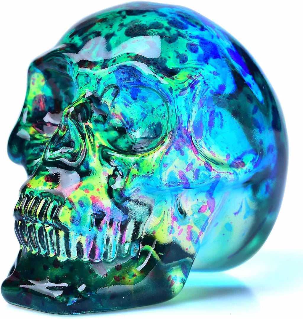 Crystal Skull Head Statues Clear Skull Figurines K9 Glass Skull Gemstone Halloween Decor Gifts for Women Plating Green 2.8" - Grand Goldman