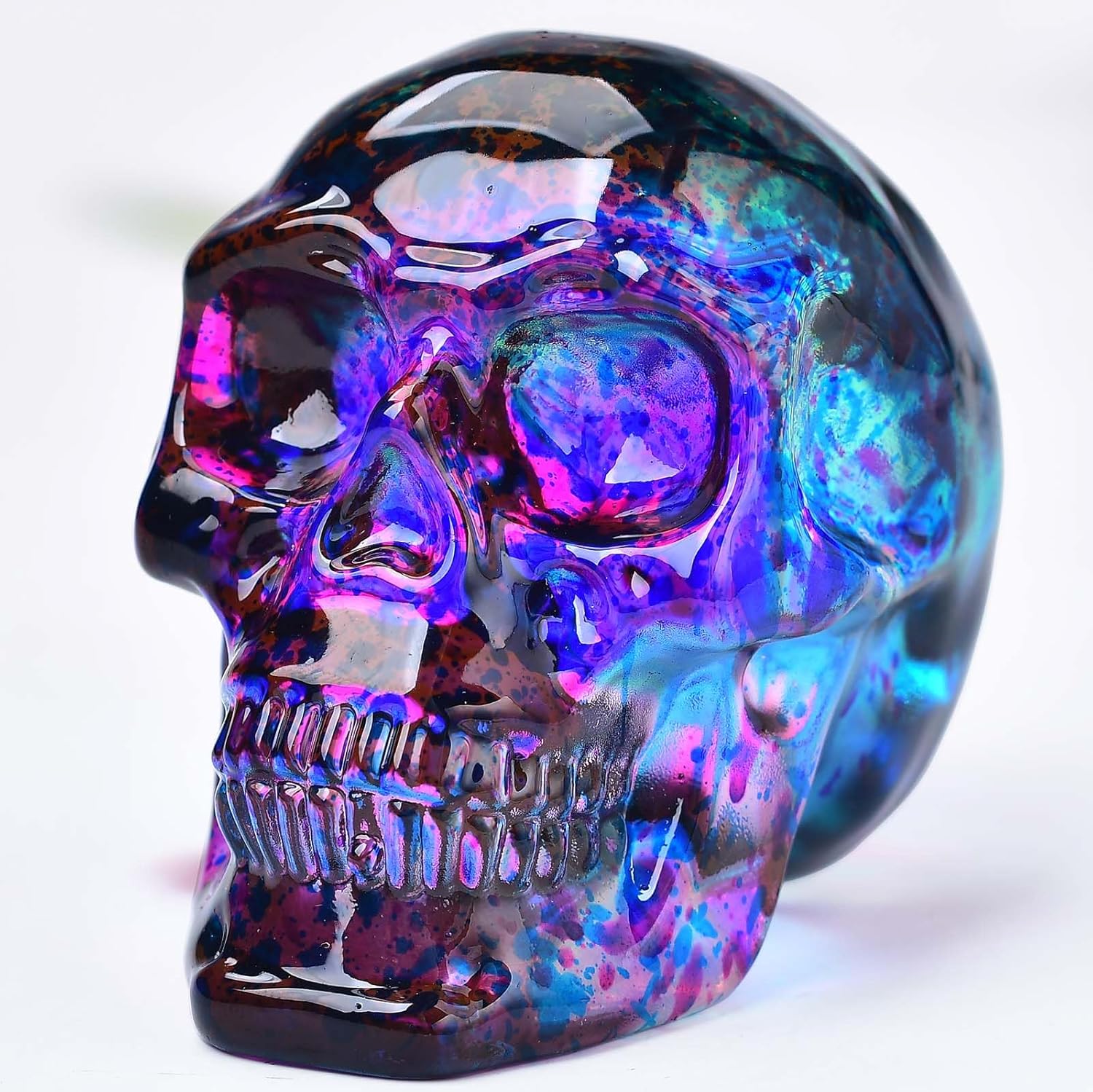 Crystal Skull Head Statues Clear Skull Figurines K9 Glass Skull Gemstone Halloween Decor Gifts for Women Plating Green 2.8" - Grand Goldman