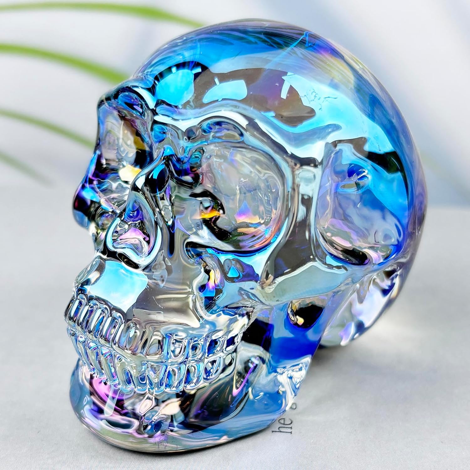 Crystal Skull Head Statues Clear Skull Figurines K9 Glass Skull Gemstone Halloween Decor Gifts for Women Plating Green 2.8" - Grand Goldman