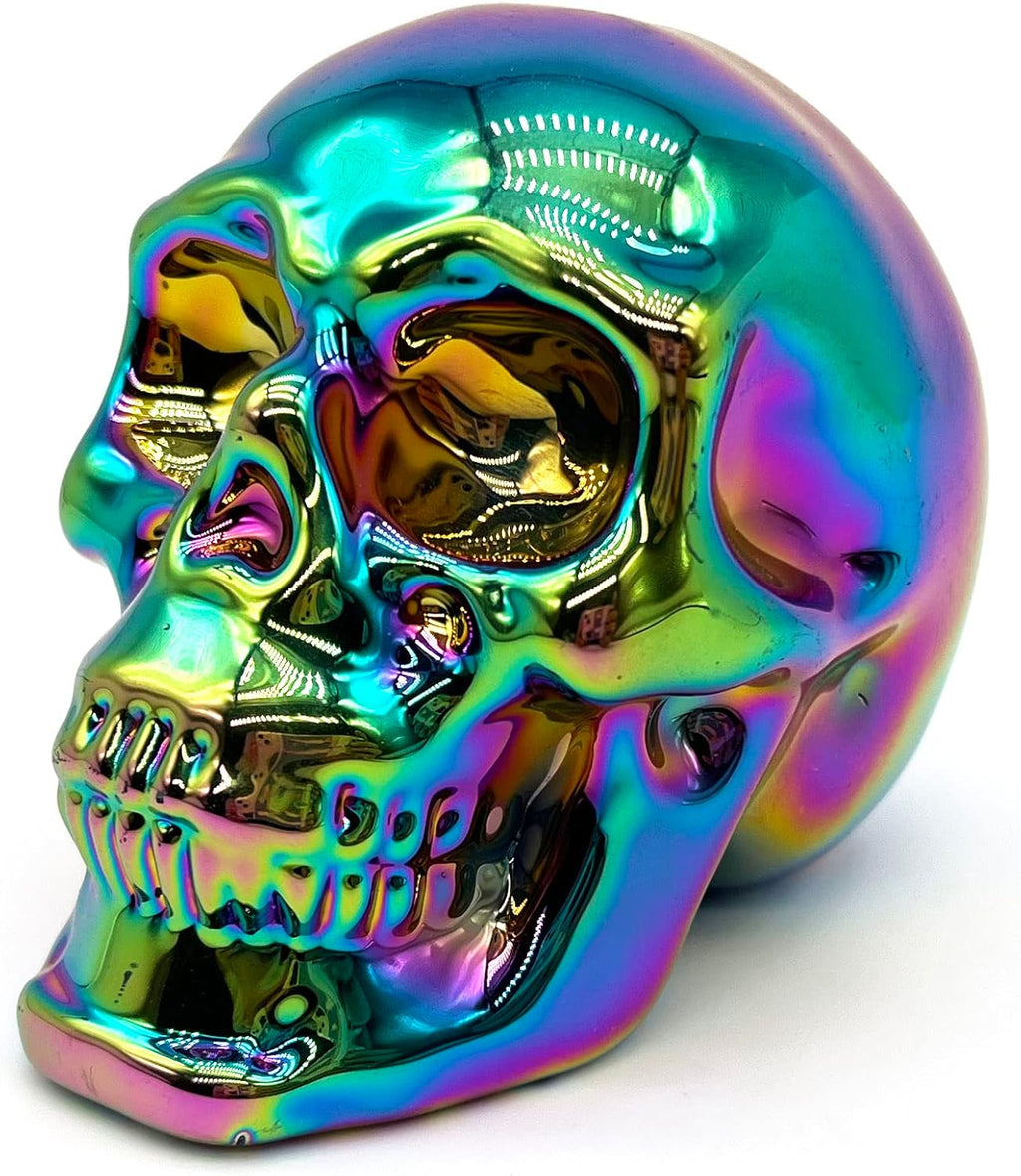 Crystal Skull Head Statues Clear Skull Figurines K9 Glass Skull Gemstone Halloween Decor Gifts for Women Plating Green 2.8" - Grand Goldman