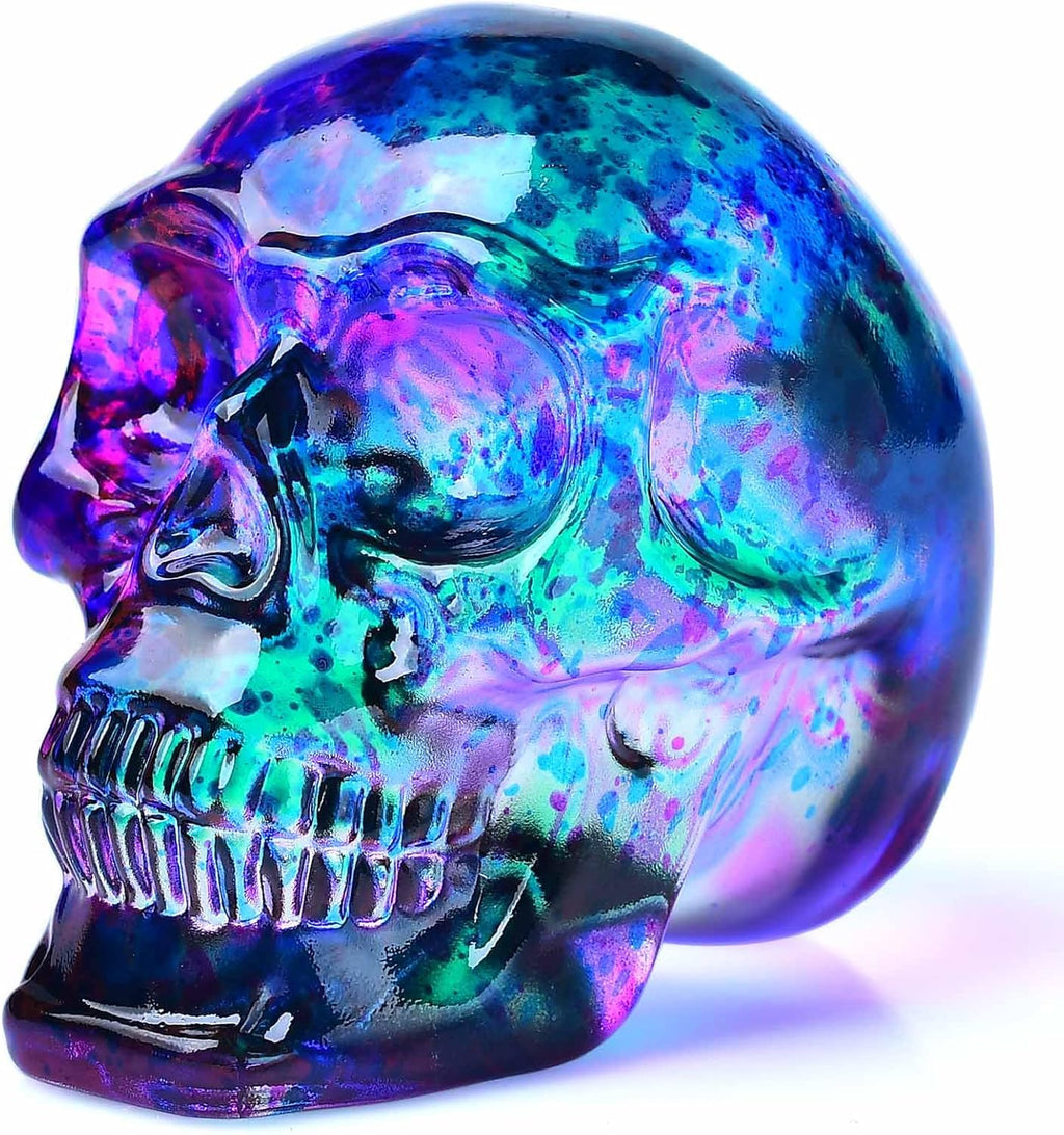 Crystal Skull Head Statues Clear Skull Figurines K9 Glass Skull Gemstone Halloween Decor Gifts for Women Plating Green 2.8" - Grand Goldman