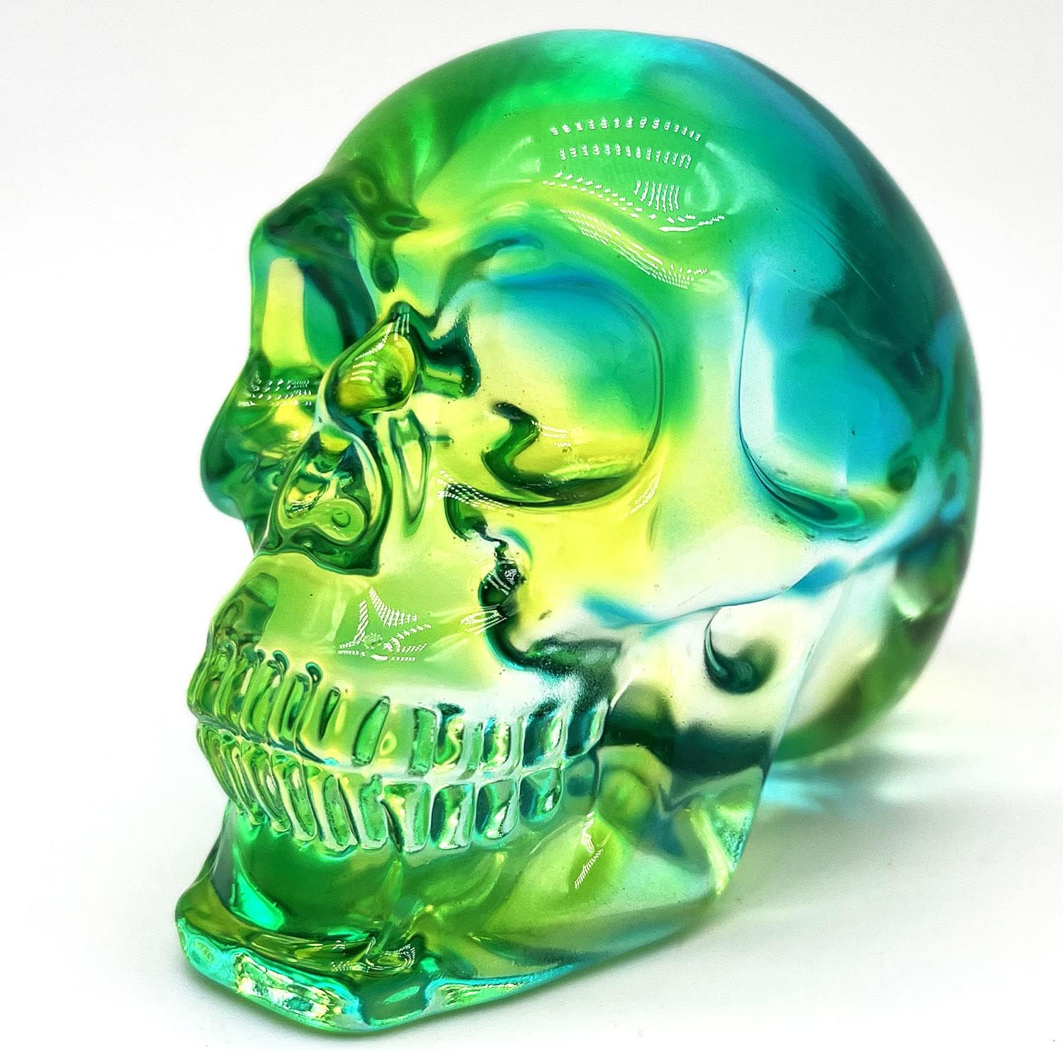 Crystal Skull Head Statues Clear Skull Figurines K9 Glass Skull Gemstone Halloween Decor Gifts for Women Plating Green 2.8" - Grand Goldman