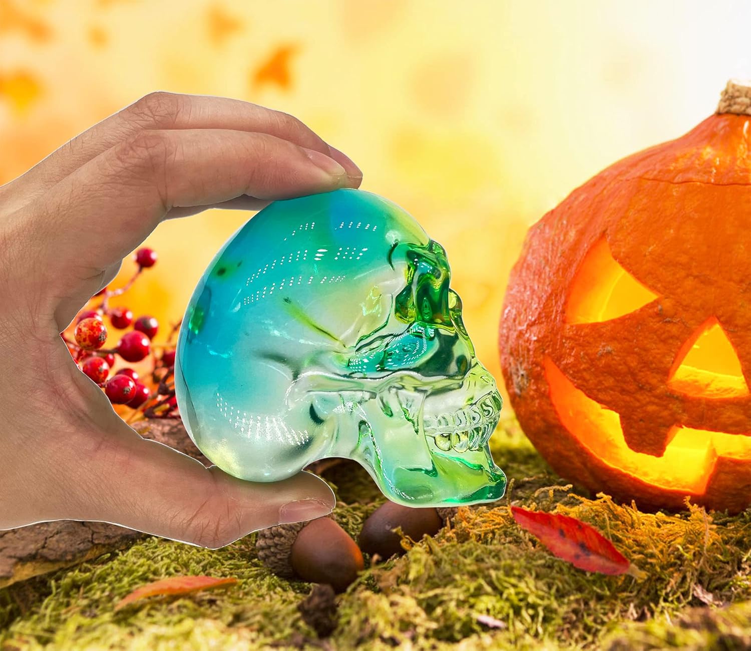 Crystal Skull Head Statues Clear Skull Figurines K9 Glass Skull Gemstone Halloween Decor Gifts for Women Plating Green 2.8" - Grand Goldman