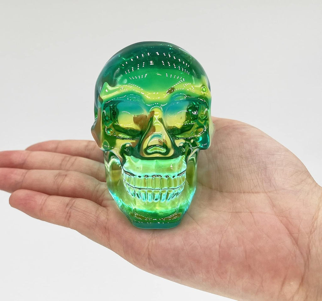 Crystal Skull Head Statues Clear Skull Figurines K9 Glass Skull Gemstone Halloween Decor Gifts for Women Plating Green 2.8" - Grand Goldman