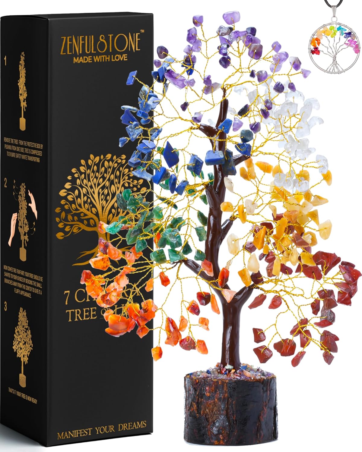 Crystal Tree of Life 7 Chakra Healing trees for Positive Energy, Home Decor, Office Desk Decor, Crystal Gifts for Women, Living Room Decoration, Handmade feng shui Bonsai Tree for Good Luck, Wellness - Grand Goldman