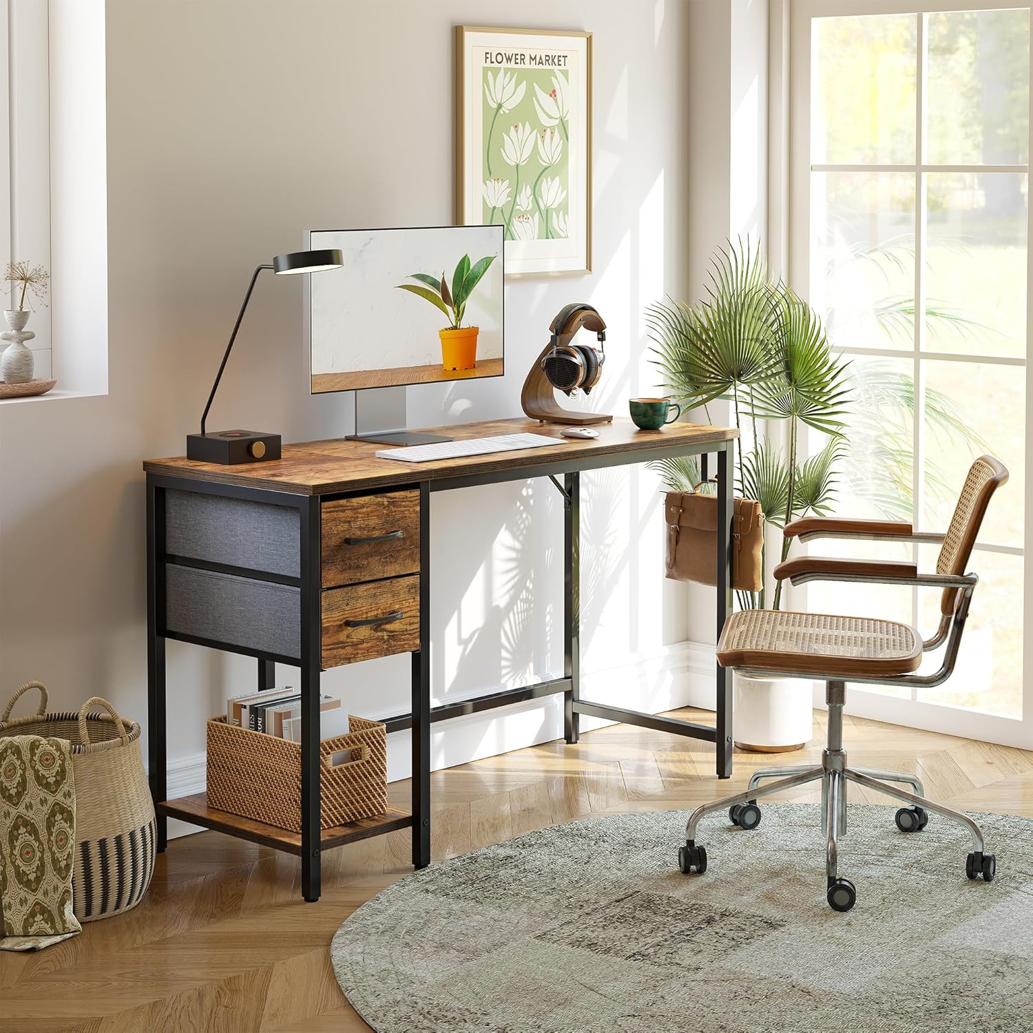 CubiCubi Computer Desk with 2 Drawers, 40 Inch Small Home Office Desk Study Writing Table, Rustic Brown - Grand Goldman