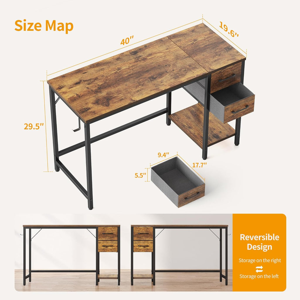 CubiCubi Computer Desk with 2 Drawers, 40 Inch Small Home Office Desk Study Writing Table, Rustic Brown - Grand Goldman