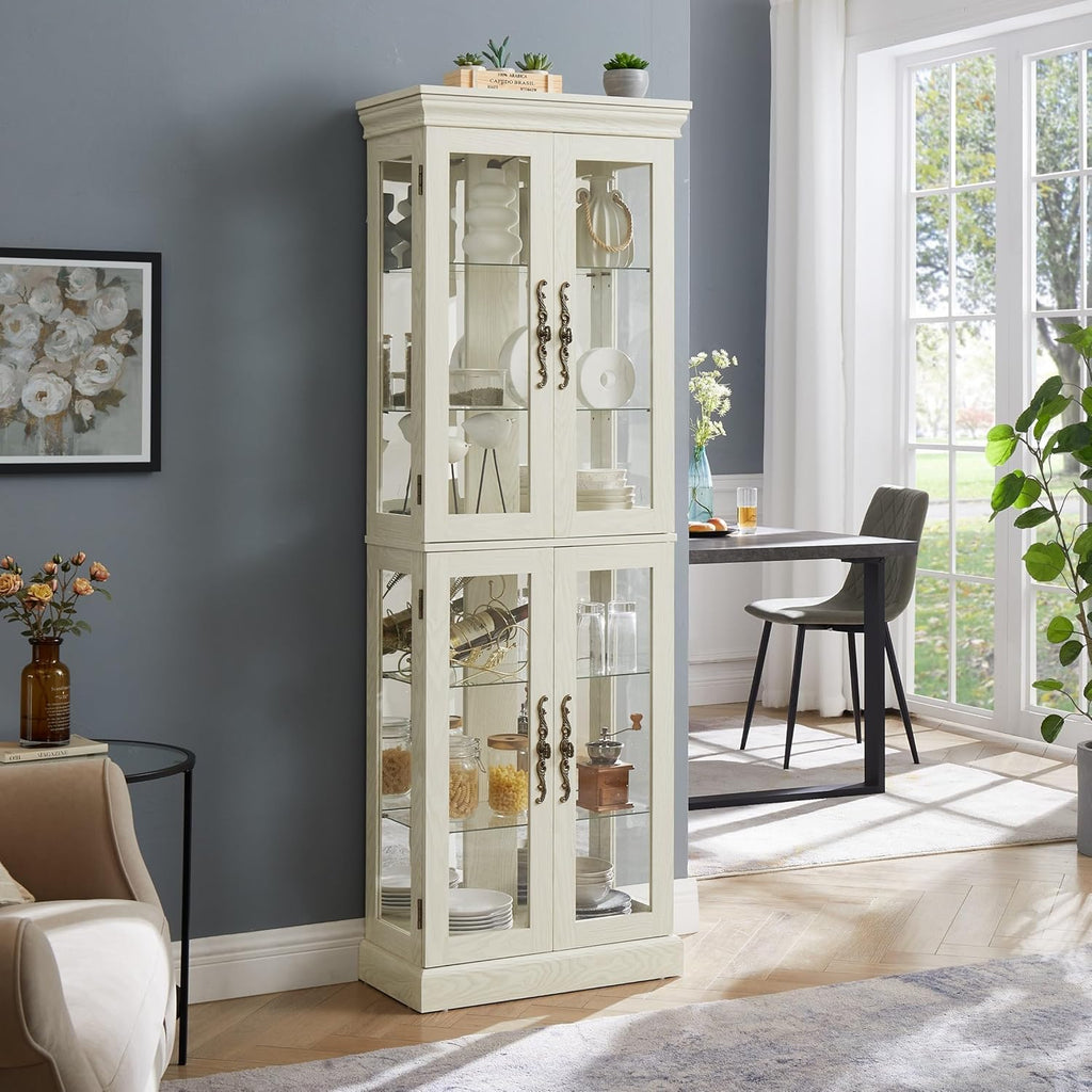 Curio Cabinet 71" Lighted Glass Display Cabinet, Display Curio Cabinet with Adjustable Glass Shelves Vintage, China Cabinet Light Bulb Included, Curio Storage Cabinet & 6 Shelves(Dark Oak) - Grand Goldman