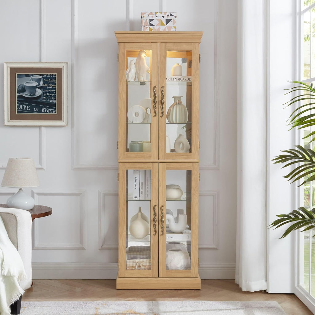 Curio Cabinet 71" Lighted Glass Display Cabinet, Display Curio Cabinet with Adjustable Glass Shelves Vintage, China Cabinet Light Bulb Included, Curio Storage Cabinet & 6 Shelves(Dark Oak) - Grand Goldman