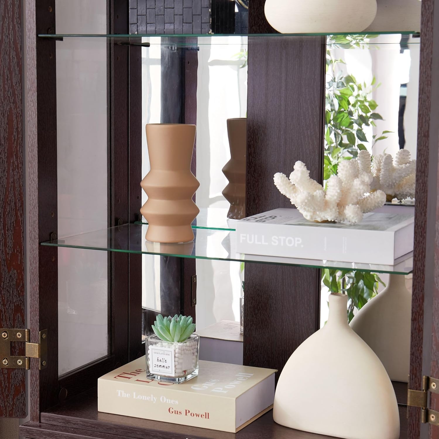 Curio Cabinet 71" Lighted Glass Display Cabinet, Display Curio Cabinet with Adjustable Glass Shelves Vintage, China Cabinet Light Bulb Included, Curio Storage Cabinet & 6 Shelves(Dark Oak) - Grand Goldman