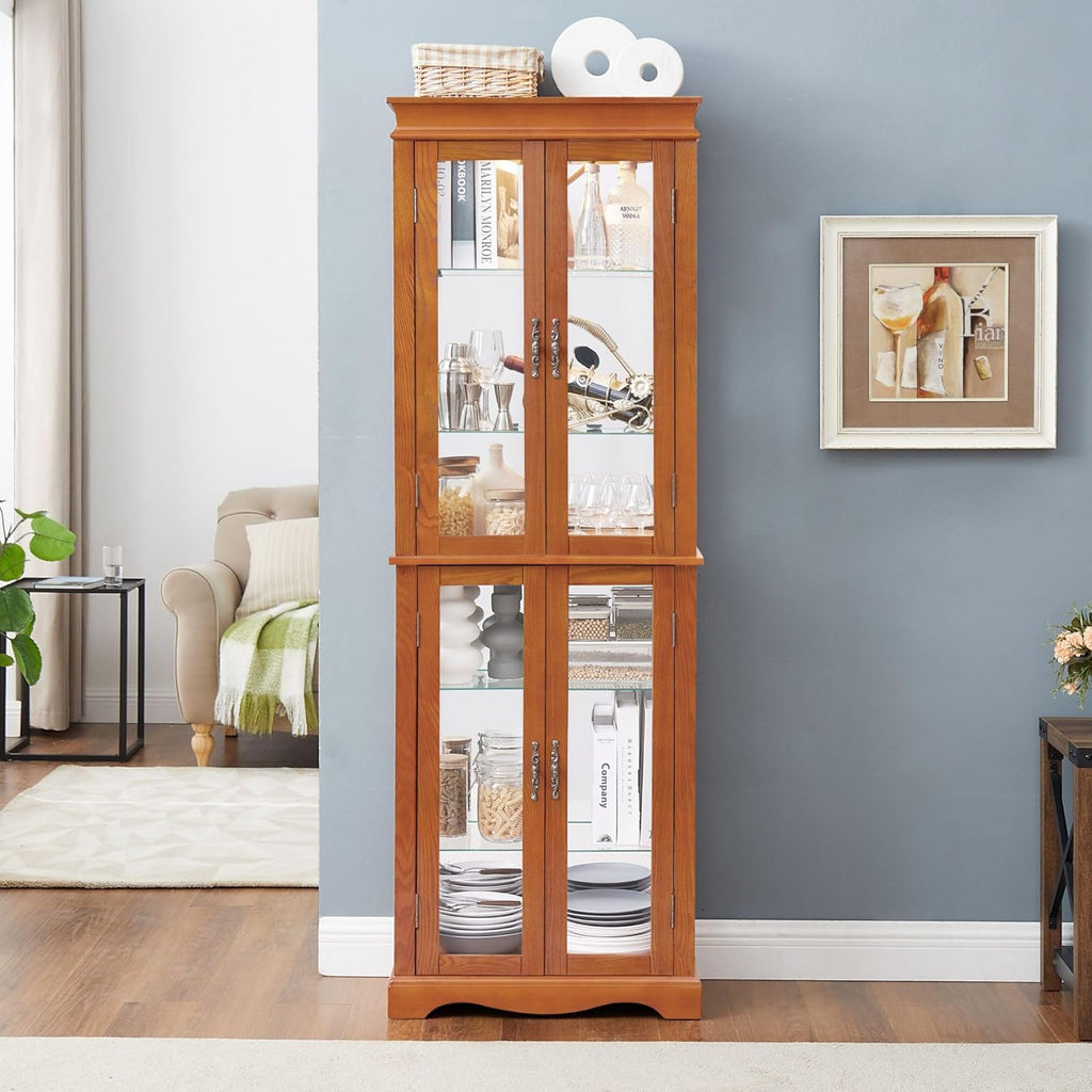 Curio Cabinet 71" Lighted Glass Display Cabinet, Display Curio Cabinet with Adjustable Glass Shelves Vintage, China Cabinet Light Bulb Included, Curio Storage Cabinet & 6 Shelves(Dark Oak) - Grand Goldman