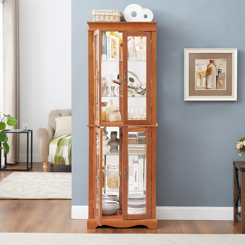 Curio Cabinet 71" Lighted Glass Display Cabinet, Display Curio Cabinet with Adjustable Glass Shelves Vintage, China Cabinet Light Bulb Included, Curio Storage Cabinet & 6 Shelves(Dark Oak) - Grand Goldman