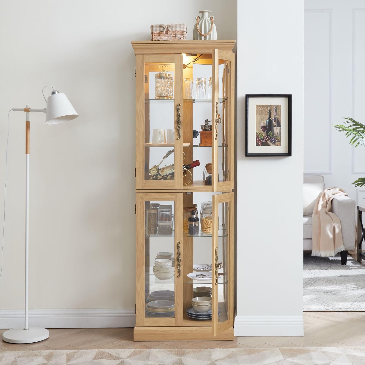Curio Cabinet 71" Lighted Glass Display Cabinet, Display Curio Cabinet with Adjustable Glass Shelves Vintage, China Cabinet Light Bulb Included, Curio Storage Cabinet & 6 Shelves(Dark Oak) - Grand Goldman