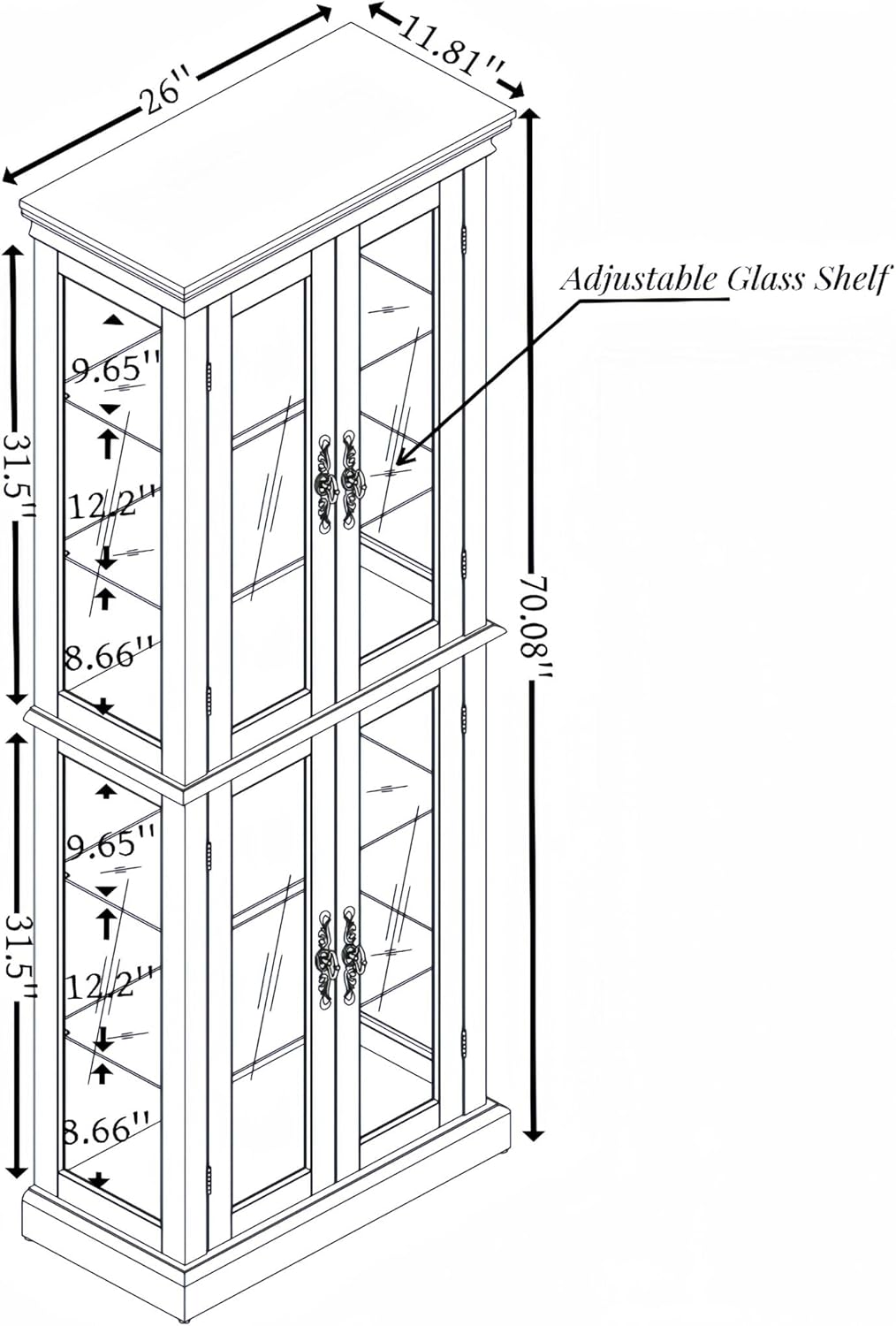 Curio Cabinet 71" Lighted Glass Display Cabinet, Display Curio Cabinet with Adjustable Glass Shelves Vintage, China Cabinet Light Bulb Included, Curio Storage Cabinet & 6 Shelves(Dark Oak) - Grand Goldman