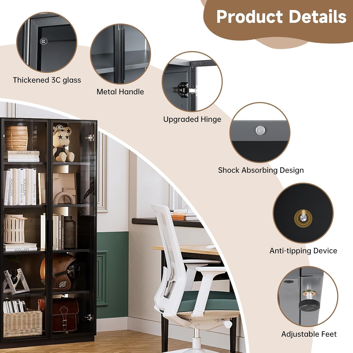 Curio Cabinet Glass Display Cabinet with Glass Door & 4 Adjustable Shelves, 71" Tall Metal Storage Cabinet,Freestanding Black Bookshelf Bookcase Liquor Cabinet for Home Living Room Pantry - Grand Goldman