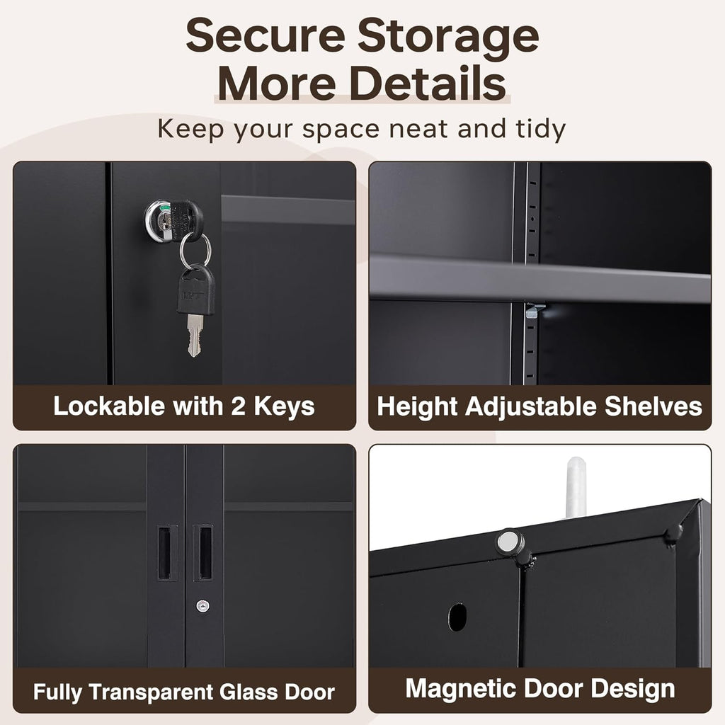 Curio Cabinet Glass Display Cabinet with Glass Door & 4 Adjustable Shelves, 71" Tall Metal Storage Cabinet,Freestanding Black Bookshelf Bookcase Liquor Cabinet for Home Living Room Pantry - Grand Goldman