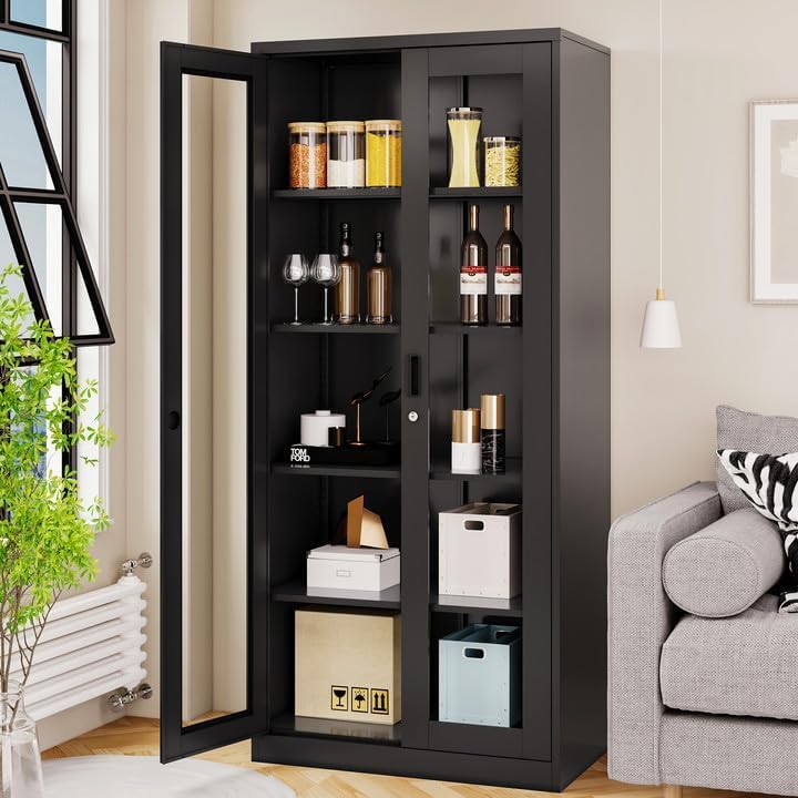 Curio Cabinet Glass Display Cabinet with Glass Door & 4 Adjustable Shelves, 71" Tall Metal Storage Cabinet,Freestanding Black Bookshelf Bookcase Liquor Cabinet for Home Living Room Pantry - Grand Goldman