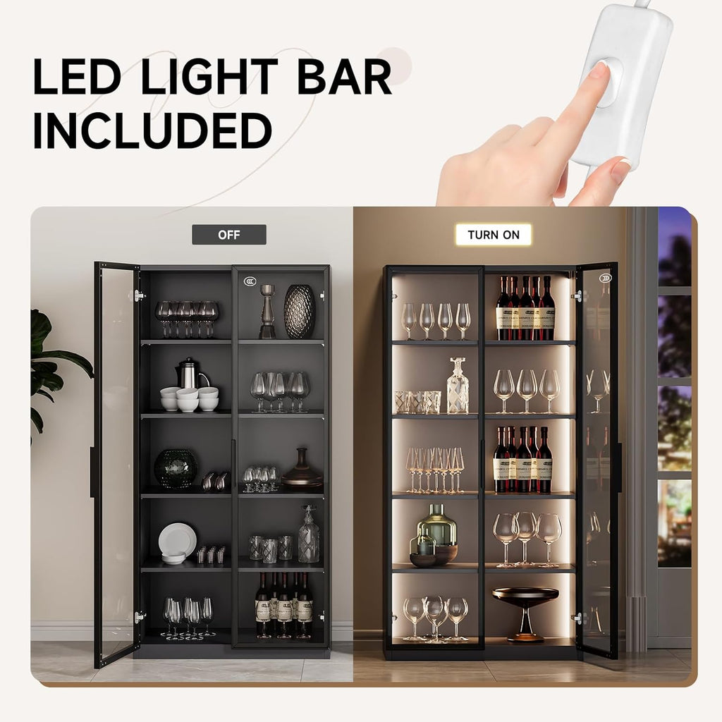 Curio Cabinet Glass Display Cabinet with Glass Door & 4 Adjustable Shelves, 71" Tall Metal Storage Cabinet,Freestanding Black Bookshelf Bookcase Liquor Cabinet for Home Living Room Pantry - Grand Goldman