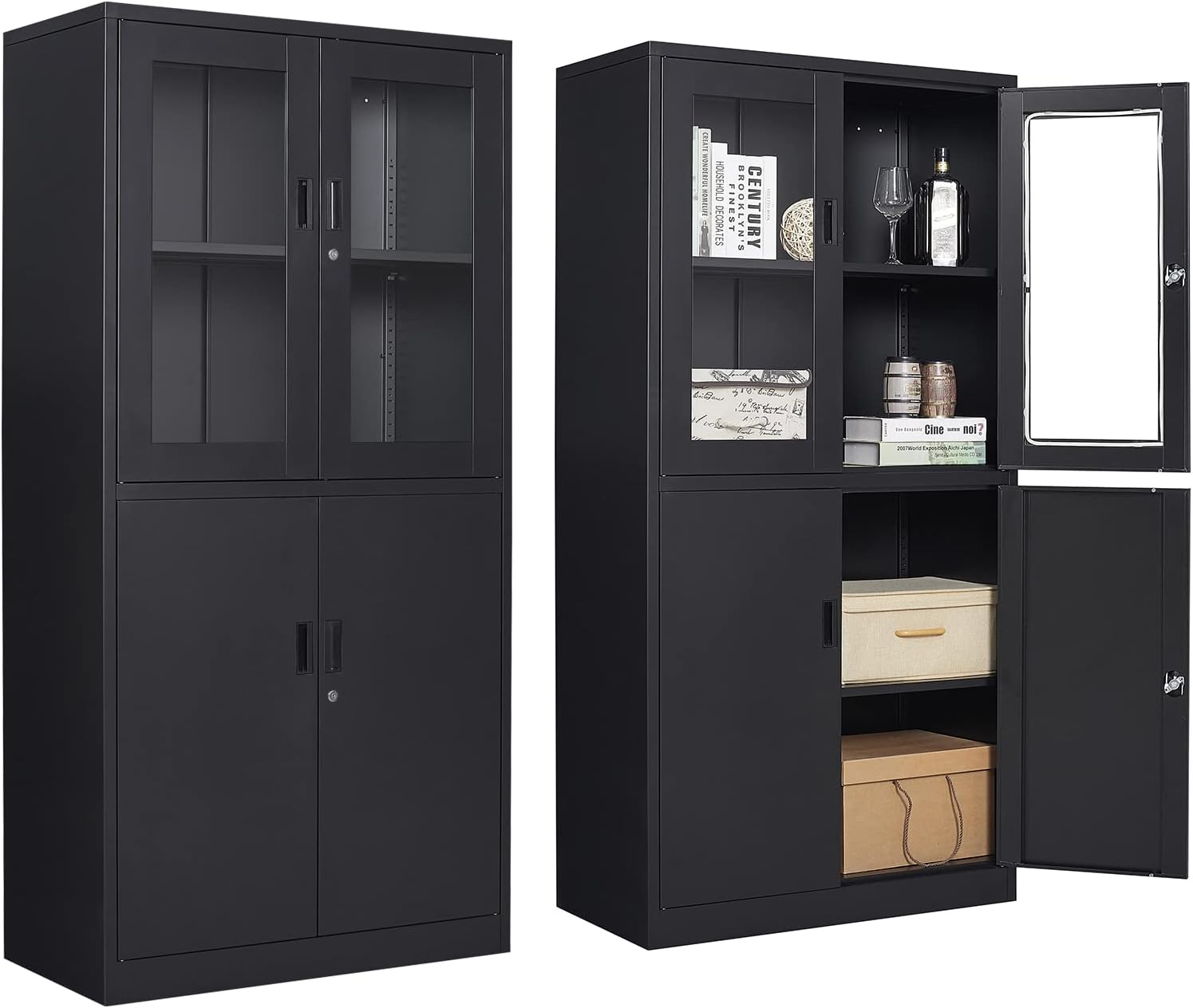 Curio Cabinet Glass Display Cabinet with Glass Door & 4 Adjustable Shelves, 71" Tall Metal Storage Cabinet,Freestanding Black Bookshelf Bookcase Liquor Cabinet for Home Living Room Pantry - Grand Goldman