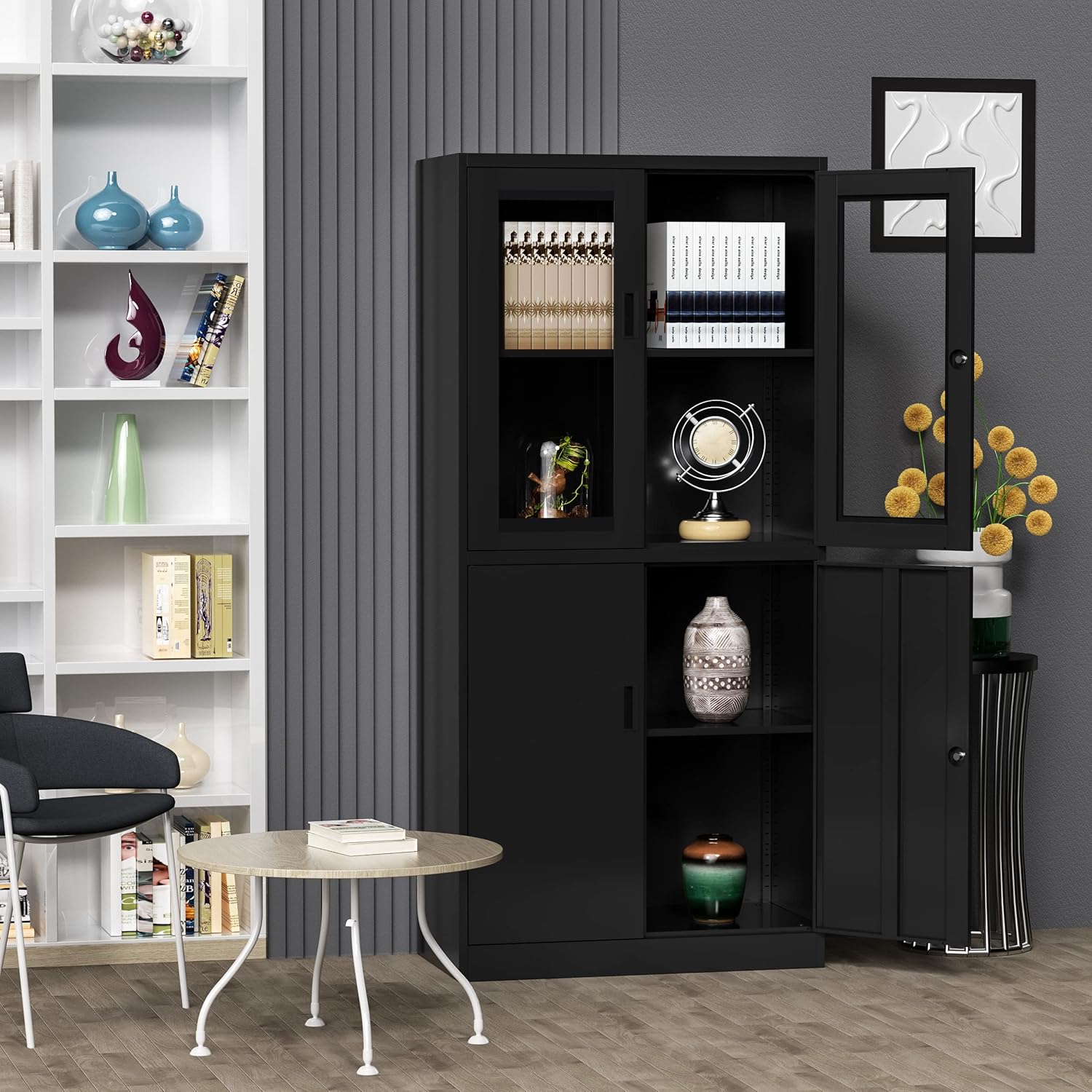 Curio Cabinet Glass Display Cabinet with Glass Door & 4 Adjustable Shelves, 71" Tall Metal Storage Cabinet,Freestanding Black Bookshelf Bookcase Liquor Cabinet for Home Living Room Pantry - Grand Goldman