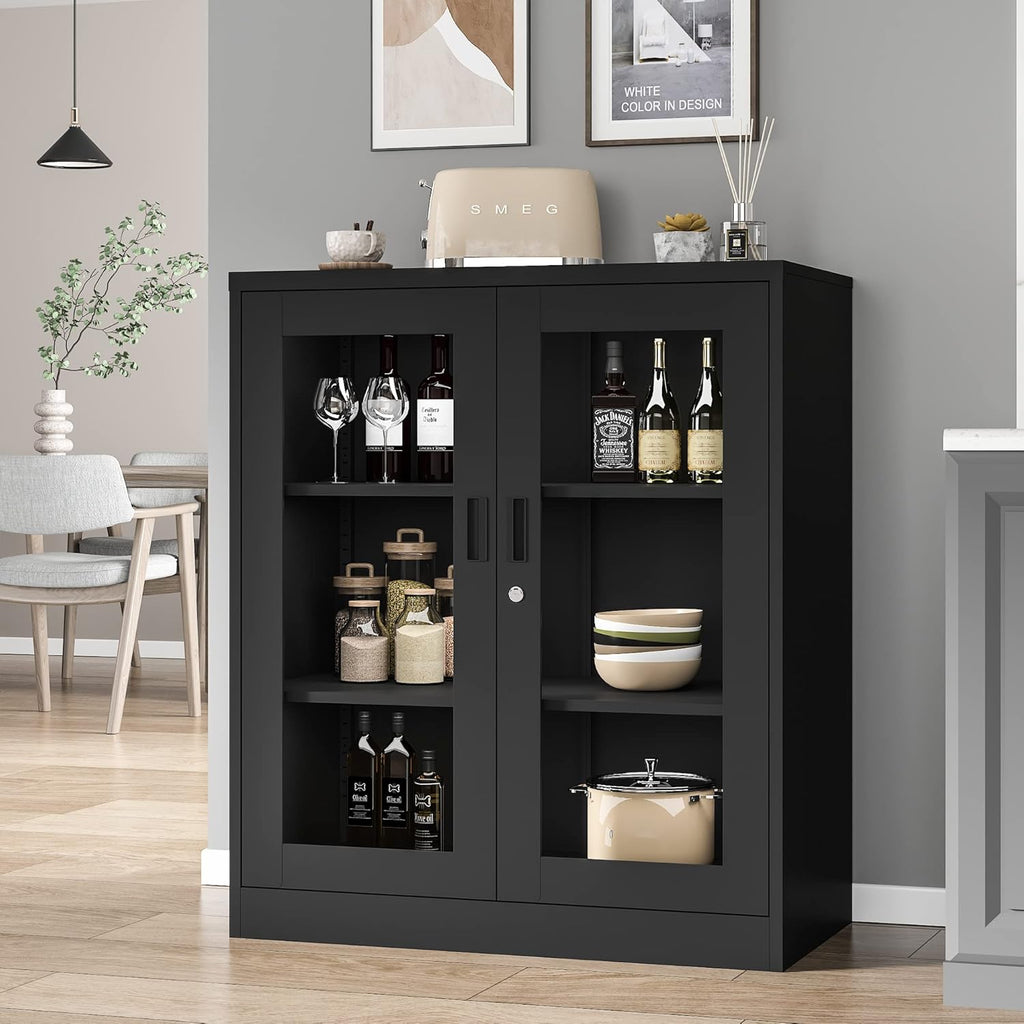 Curio Cabinet Glass Display Cabinet with Glass Door & 4 Adjustable Shelves, 71" Tall Metal Storage Cabinet,Freestanding Black Bookshelf Bookcase Liquor Cabinet for Home Living Room Pantry - Grand Goldman