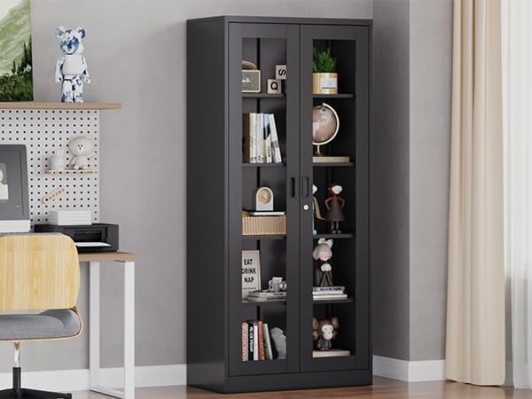 Curio Cabinet Glass Display Cabinet with Glass Door & 4 Adjustable Shelves, 71" Tall Metal Storage Cabinet,Freestanding Black Bookshelf Bookcase Liquor Cabinet for Home Living Room Pantry - Grand Goldman