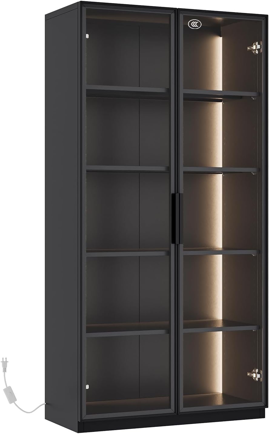 Curio Cabinet Glass Display Cabinet with Glass Door & 4 Adjustable Shelves, 71" Tall Metal Storage Cabinet,Freestanding Black Bookshelf Bookcase Liquor Cabinet for Home Living Room Pantry - Grand Goldman
