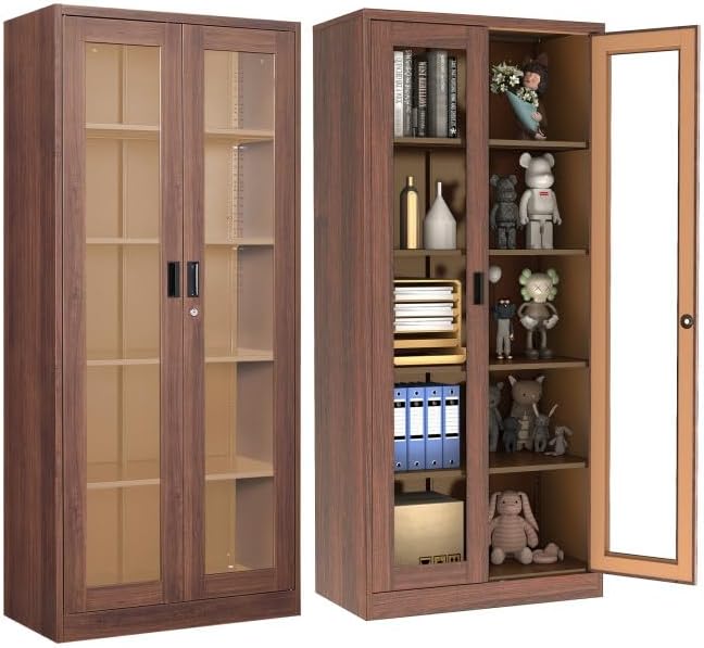 Curio Cabinet Glass Display Cabinet with Glass Door & 4 Adjustable Shelves, 71" Tall Metal Storage Cabinet,Freestanding Black Bookshelf Bookcase Liquor Cabinet for Home Living Room Pantry - Grand Goldman