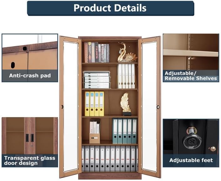 Curio Cabinet Glass Display Cabinet with Glass Door & 4 Adjustable Shelves, 71" Tall Metal Storage Cabinet,Freestanding Black Bookshelf Bookcase Liquor Cabinet for Home Living Room Pantry - Grand Goldman