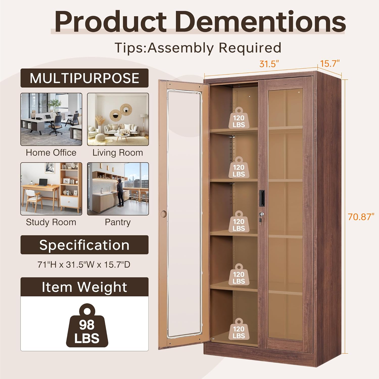 Curio Cabinet Glass Display Cabinet with Glass Door & 4 Adjustable Shelves, 71" Tall Metal Storage Cabinet,Freestanding Black Bookshelf Bookcase Liquor Cabinet for Home Living Room Pantry - Grand Goldman