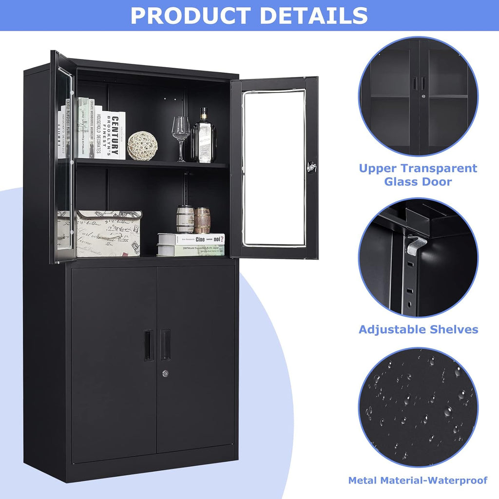 Curio Cabinet Glass Display Cabinet with Glass Door & 4 Adjustable Shelves, 71" Tall Metal Storage Cabinet,Freestanding Black Bookshelf Bookcase Liquor Cabinet for Home Living Room Pantry - Grand Goldman