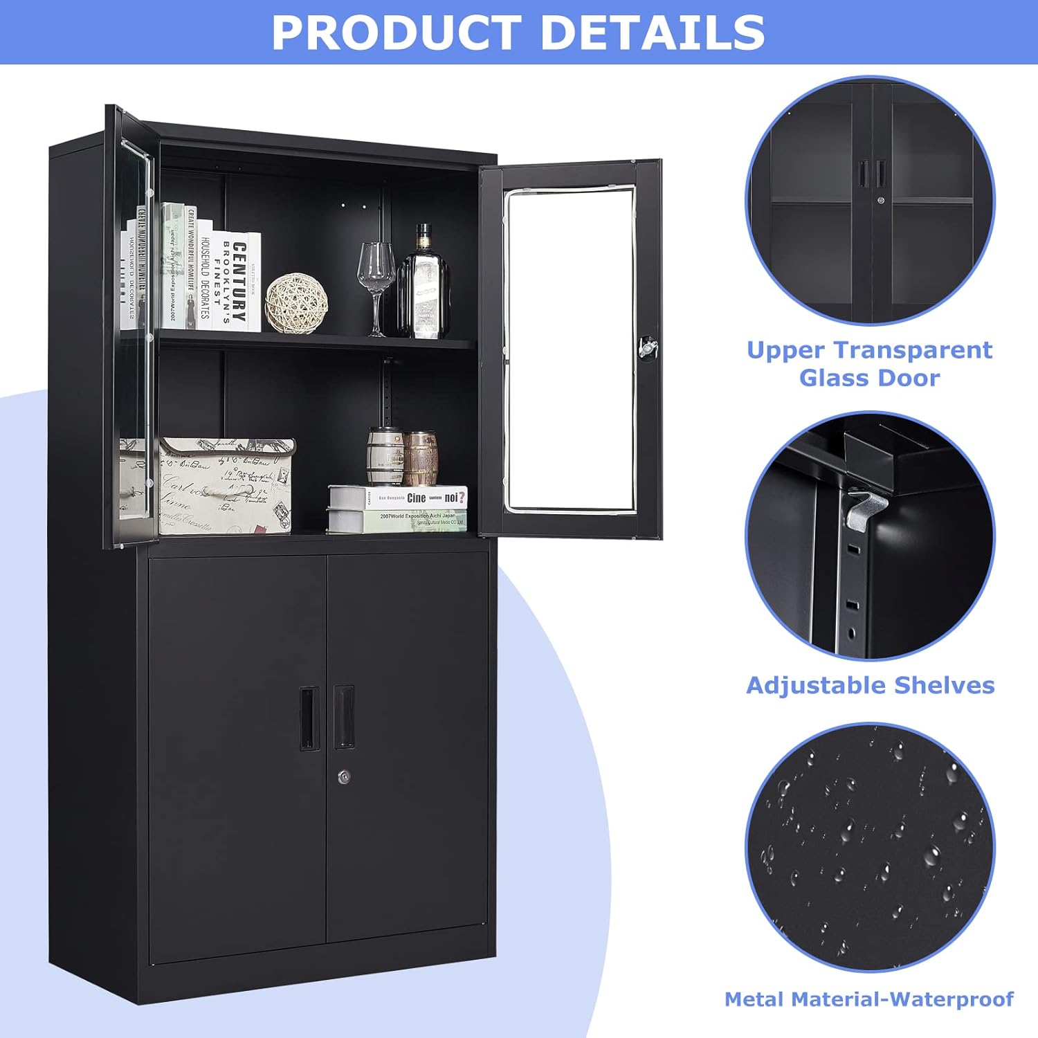 Curio Cabinet Glass Display Cabinet with Glass Door & 4 Adjustable Shelves, 71" Tall Metal Storage Cabinet,Freestanding Black Bookshelf Bookcase Liquor Cabinet for Home Living Room Pantry - Grand Goldman