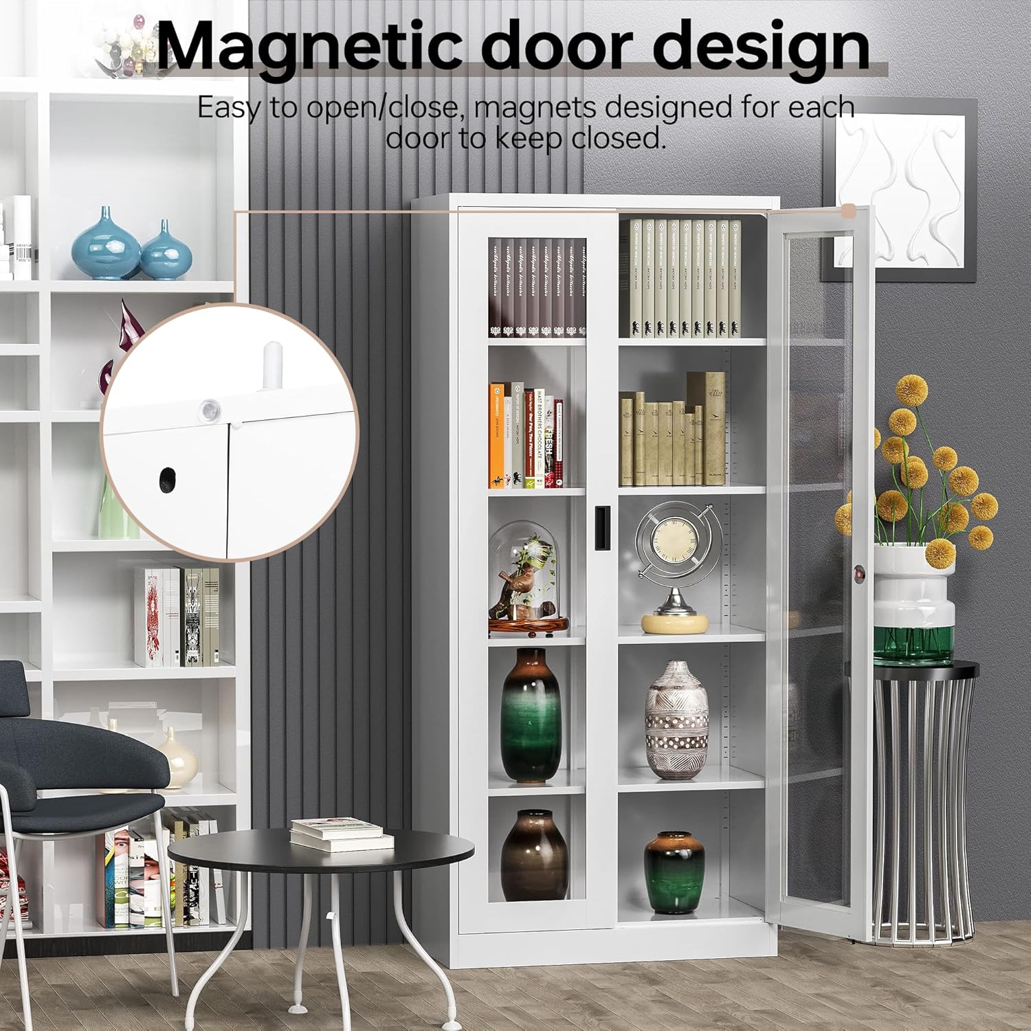 Curio Cabinet Glass Display Cabinet with Glass Door & 4 Adjustable Shelves, 71" Tall Metal Storage Cabinet,Freestanding Black Bookshelf Bookcase Liquor Cabinet for Home Living Room Pantry - Grand Goldman