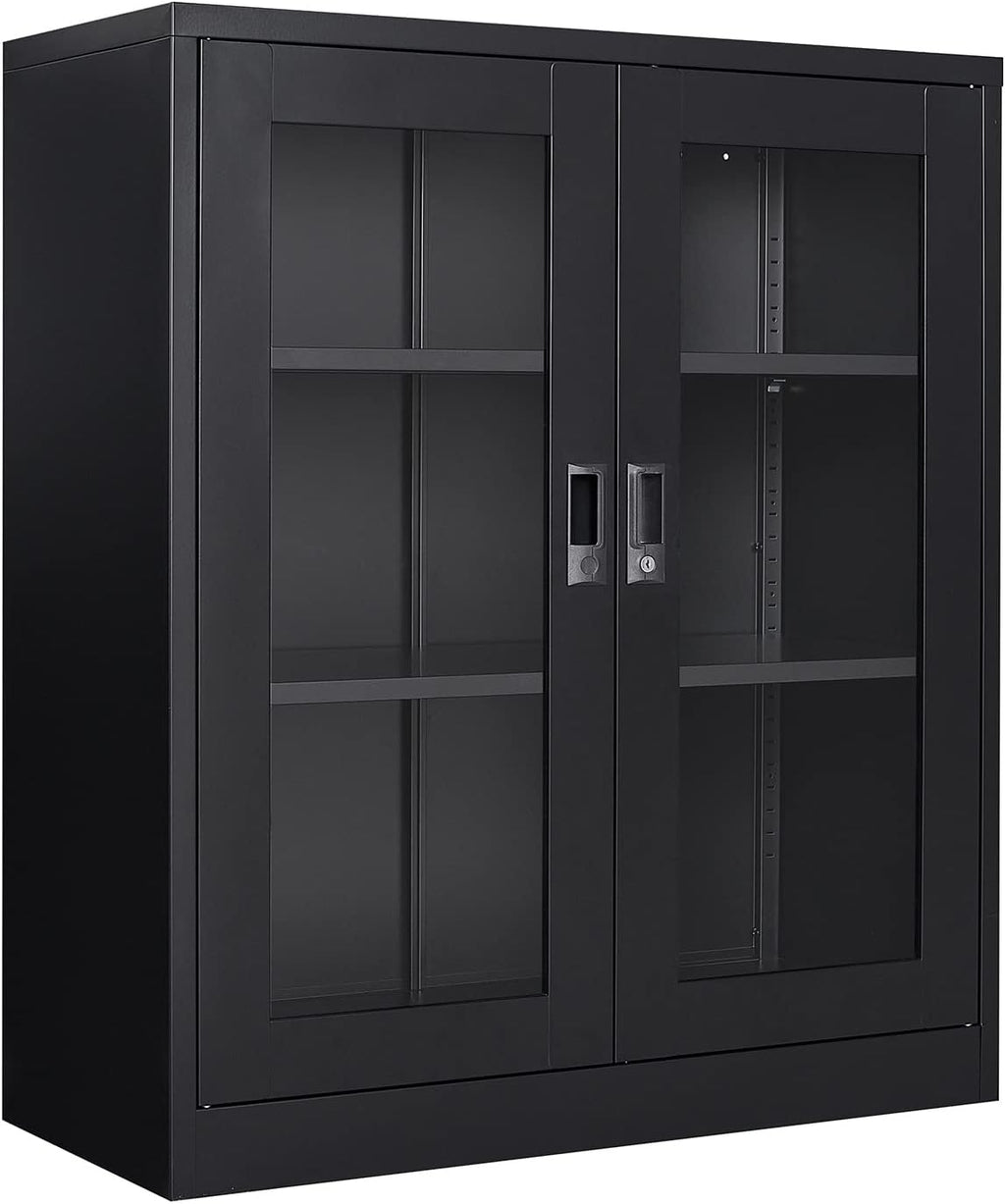 Curio Cabinet Glass Display Cabinet with Glass Door & 4 Adjustable Shelves, 71" Tall Metal Storage Cabinet,Freestanding Black Bookshelf Bookcase Liquor Cabinet for Home Living Room Pantry - Grand Goldman
