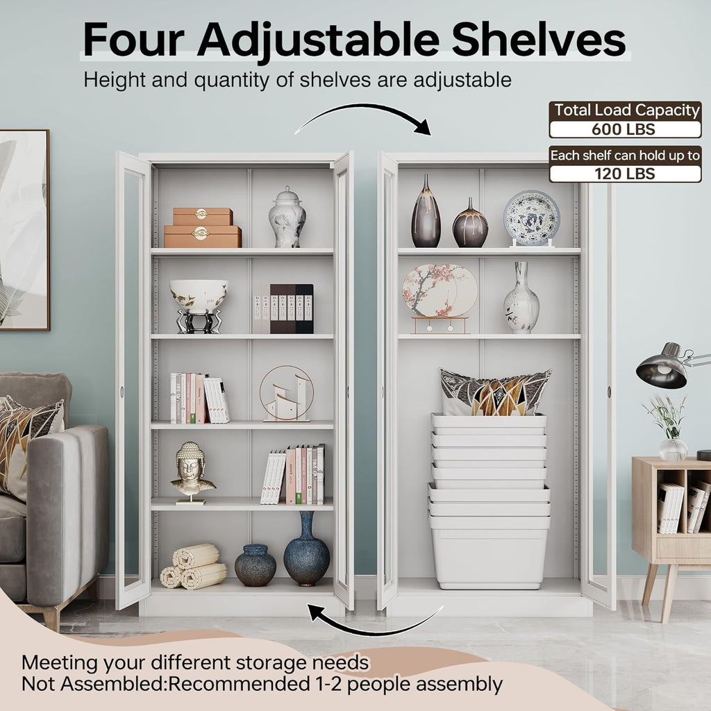 Curio Cabinet Glass Display Cabinet with Glass Door & 4 Adjustable Shelves, 71" Tall Metal Storage Cabinet,Freestanding Black Bookshelf Bookcase Liquor Cabinet for Home Living Room Pantry - Grand Goldman