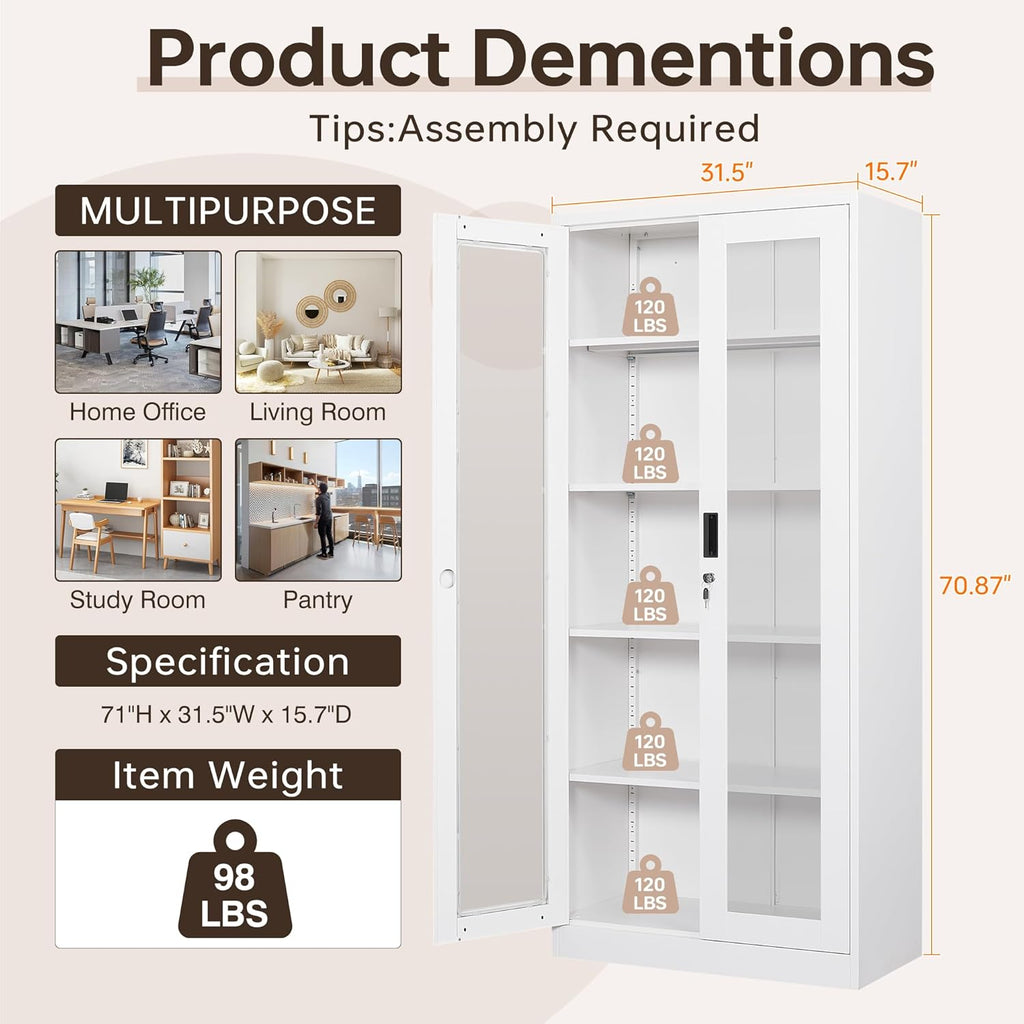 Curio Cabinet Glass Display Cabinet with Glass Door & 4 Adjustable Shelves, 71" Tall Metal Storage Cabinet,Freestanding Black Bookshelf Bookcase Liquor Cabinet for Home Living Room Pantry - Grand Goldman