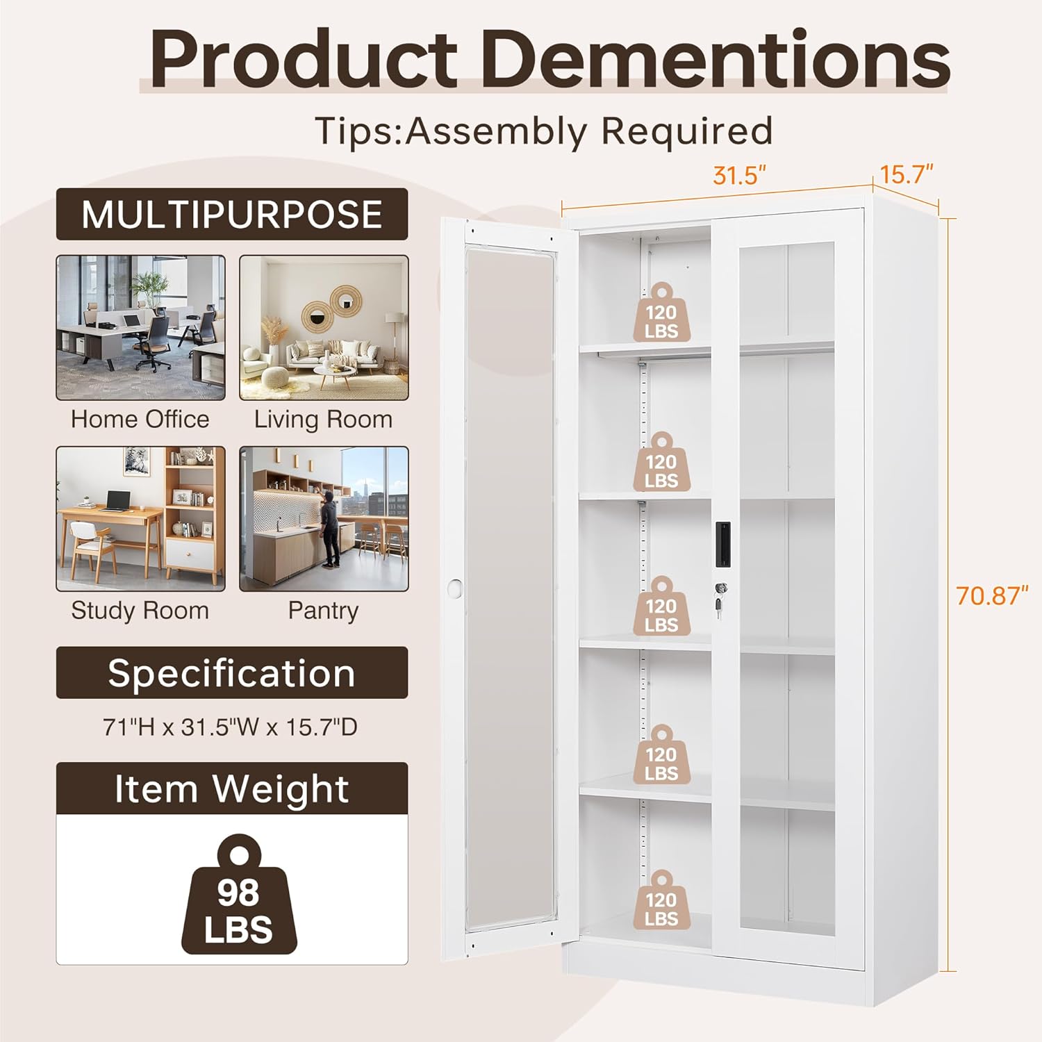Curio Cabinet Glass Display Cabinet with Glass Door & 4 Adjustable Shelves, 71" Tall Metal Storage Cabinet,Freestanding Black Bookshelf Bookcase Liquor Cabinet for Home Living Room Pantry - Grand Goldman