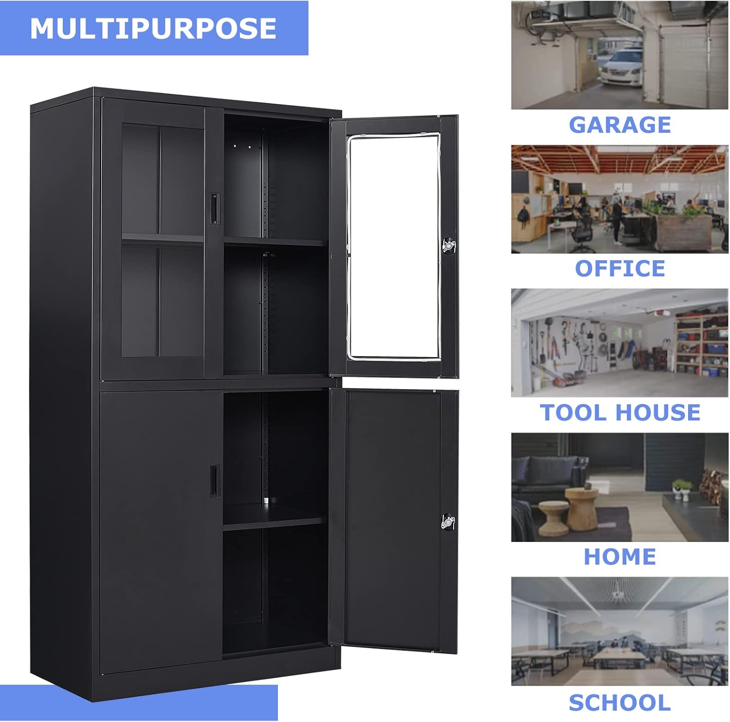 Curio Cabinet Glass Display Cabinet with Glass Door & 4 Adjustable Shelves, 71" Tall Metal Storage Cabinet,Freestanding Black Bookshelf Bookcase Liquor Cabinet for Home Living Room Pantry - Grand Goldman