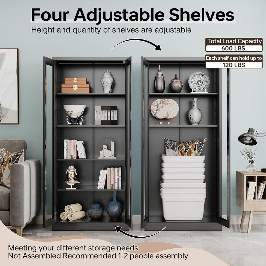 Curio Cabinet Glass Display Cabinet with Glass Door & 4 Adjustable Shelves, 71" Tall Metal Storage Cabinet,Freestanding Black Bookshelf Bookcase Liquor Cabinet for Home Living Room Pantry - Grand Goldman
