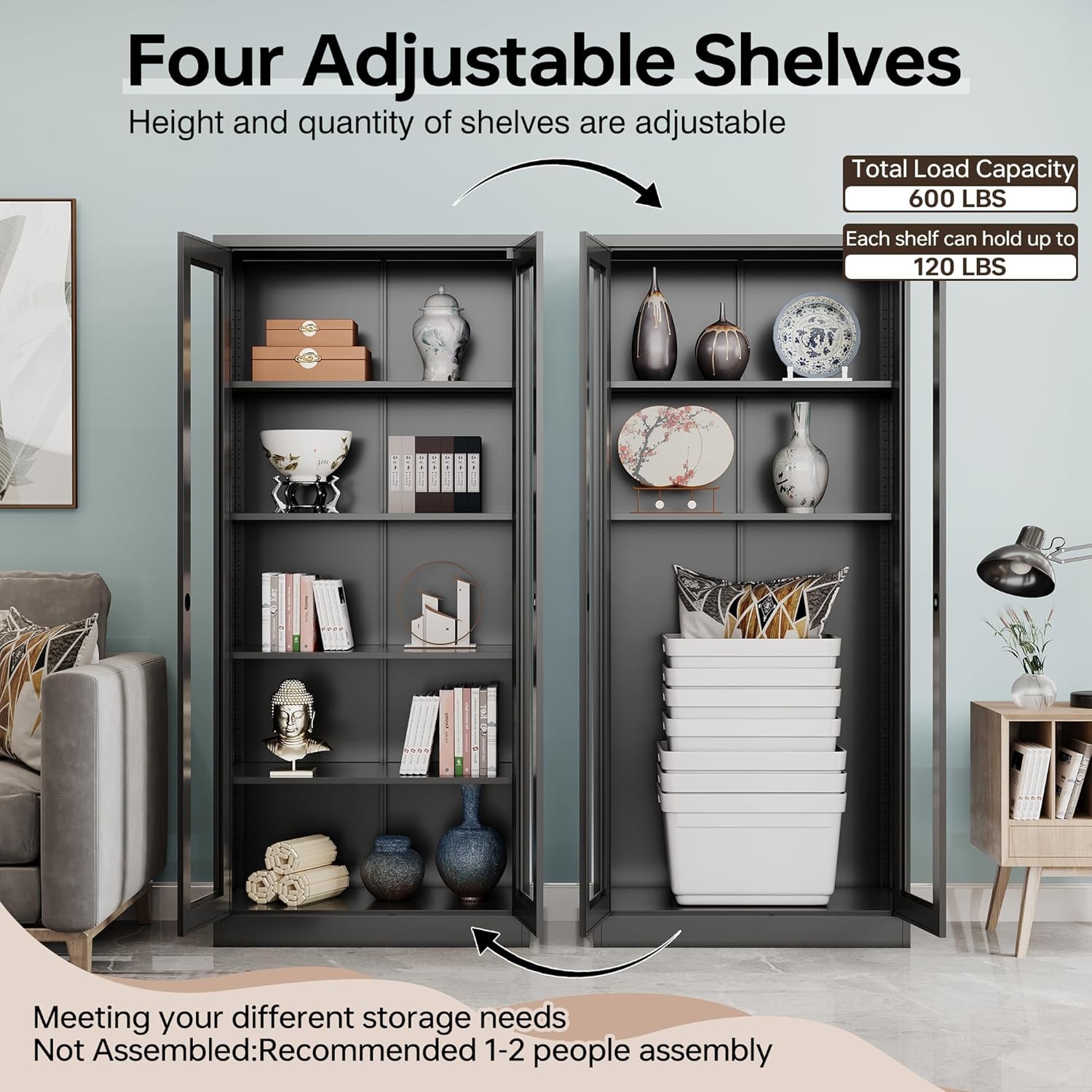 Curio Cabinet Glass Display Cabinet with Glass Door & 4 Adjustable Shelves, 71" Tall Metal Storage Cabinet,Freestanding Black Bookshelf Bookcase Liquor Cabinet for Home Living Room Pantry - Grand Goldman