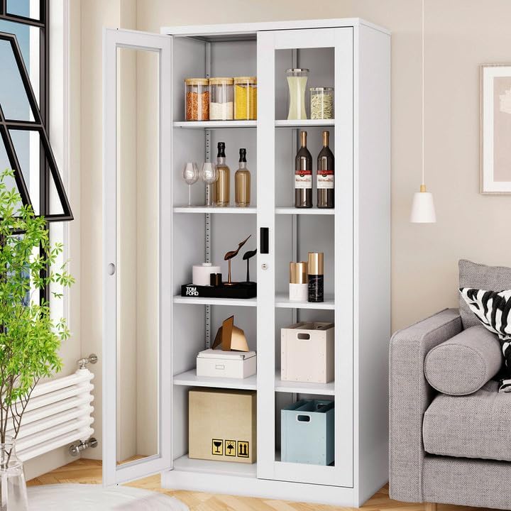 Curio Cabinet Glass Display Cabinet with Glass Door & 4 Adjustable Shelves, 71" Tall Metal Storage Cabinet,Freestanding Black Bookshelf Bookcase Liquor Cabinet for Home Living Room Pantry - Grand Goldman