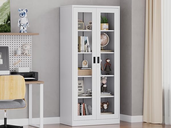 Curio Cabinet Glass Display Cabinet with Glass Door & 4 Adjustable Shelves, 71" Tall Metal Storage Cabinet,Freestanding Black Bookshelf Bookcase Liquor Cabinet for Home Living Room Pantry - Grand Goldman