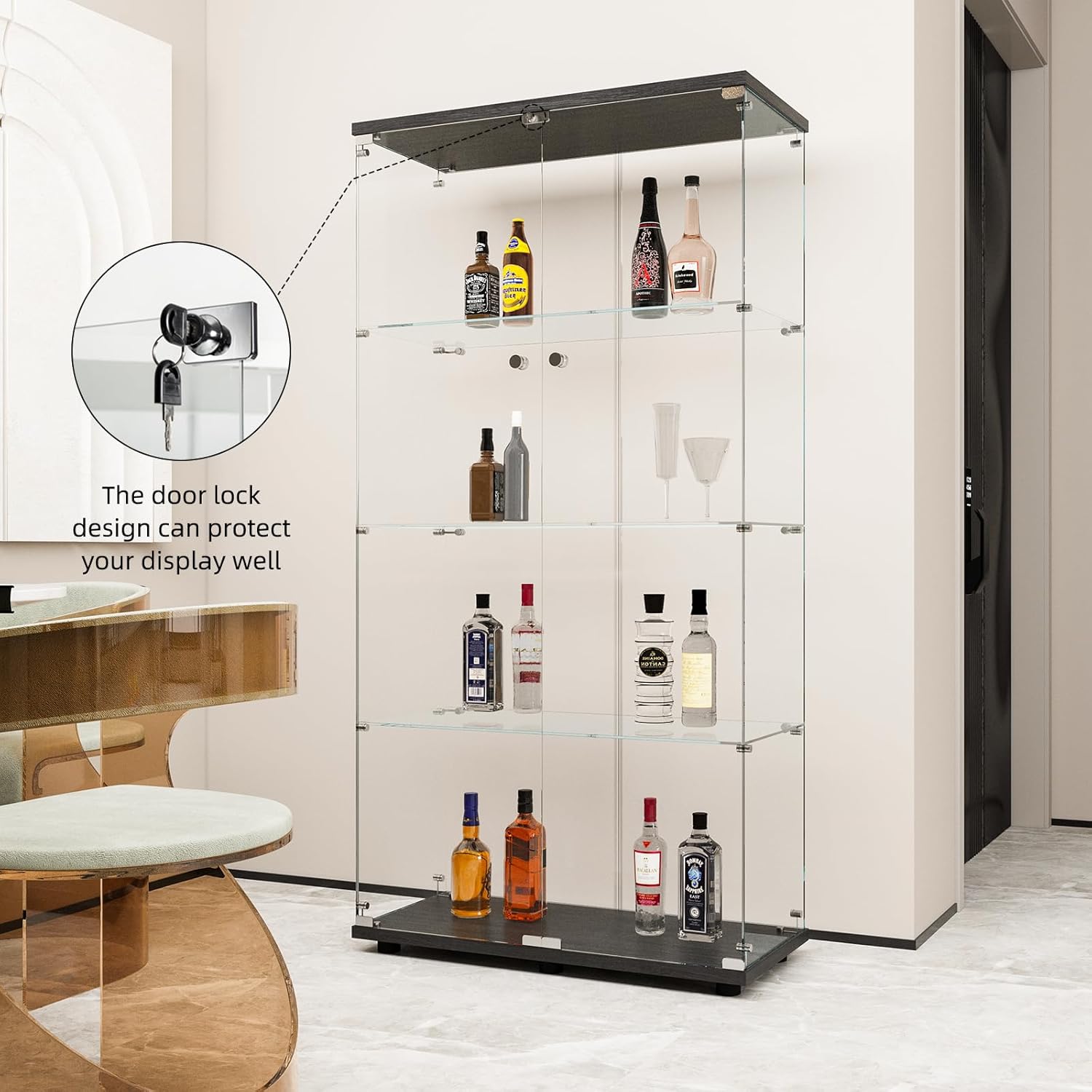 Curio Cabinet Glass Display Case for Collectibles with Door, 4 Display Shelves Showcase, 64.2”Hx16.9''Lx 14.6''W Black - Grand Goldman