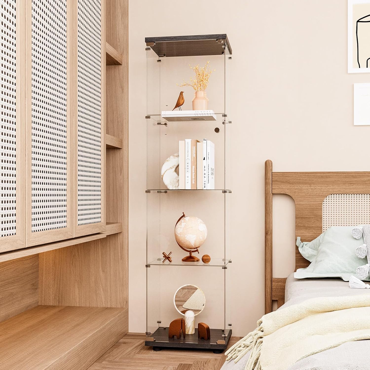 Curio Cabinet Glass Display Case for Collectibles with Door, 4 Display Shelves Showcase, 64.2”Hx16.9''Lx 14.6''W Black - Grand Goldman