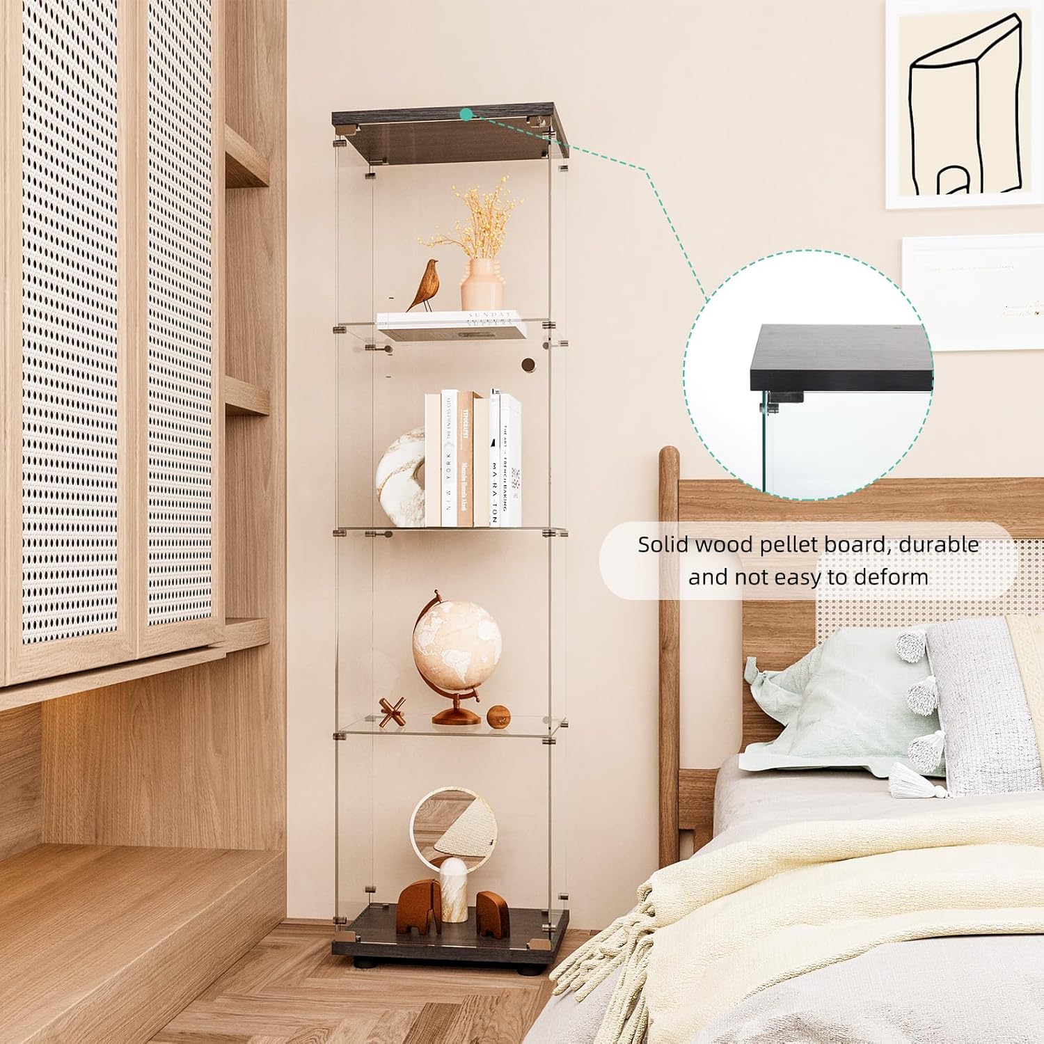 Curio Cabinet Glass Display Case for Collectibles with Door, 4 Display Shelves Showcase, 64.2”Hx16.9''Lx 14.6''W Black - Grand Goldman