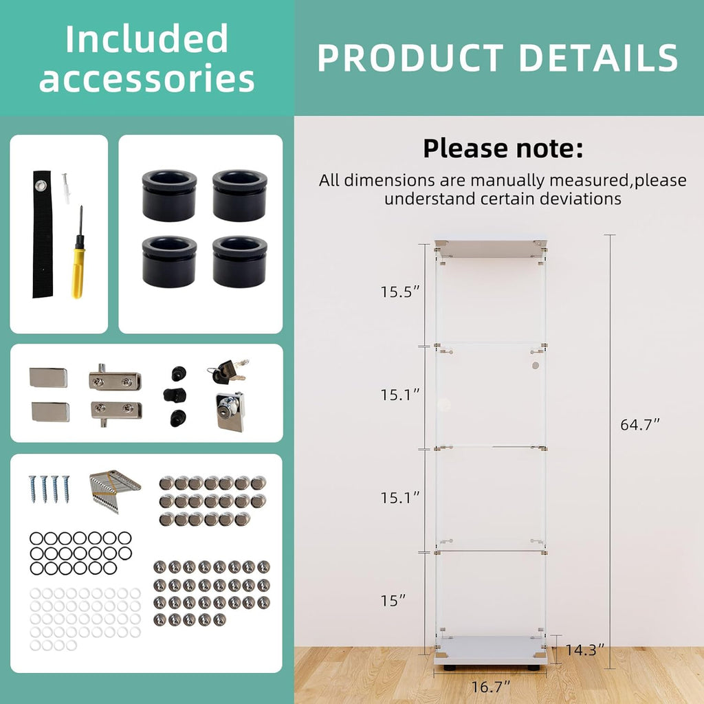 Curio Cabinet Glass Display Case for Collectibles with Door, 4 Display Shelves Showcase, 64.2”Hx16.9''Lx 14.6''W Black - Grand Goldman